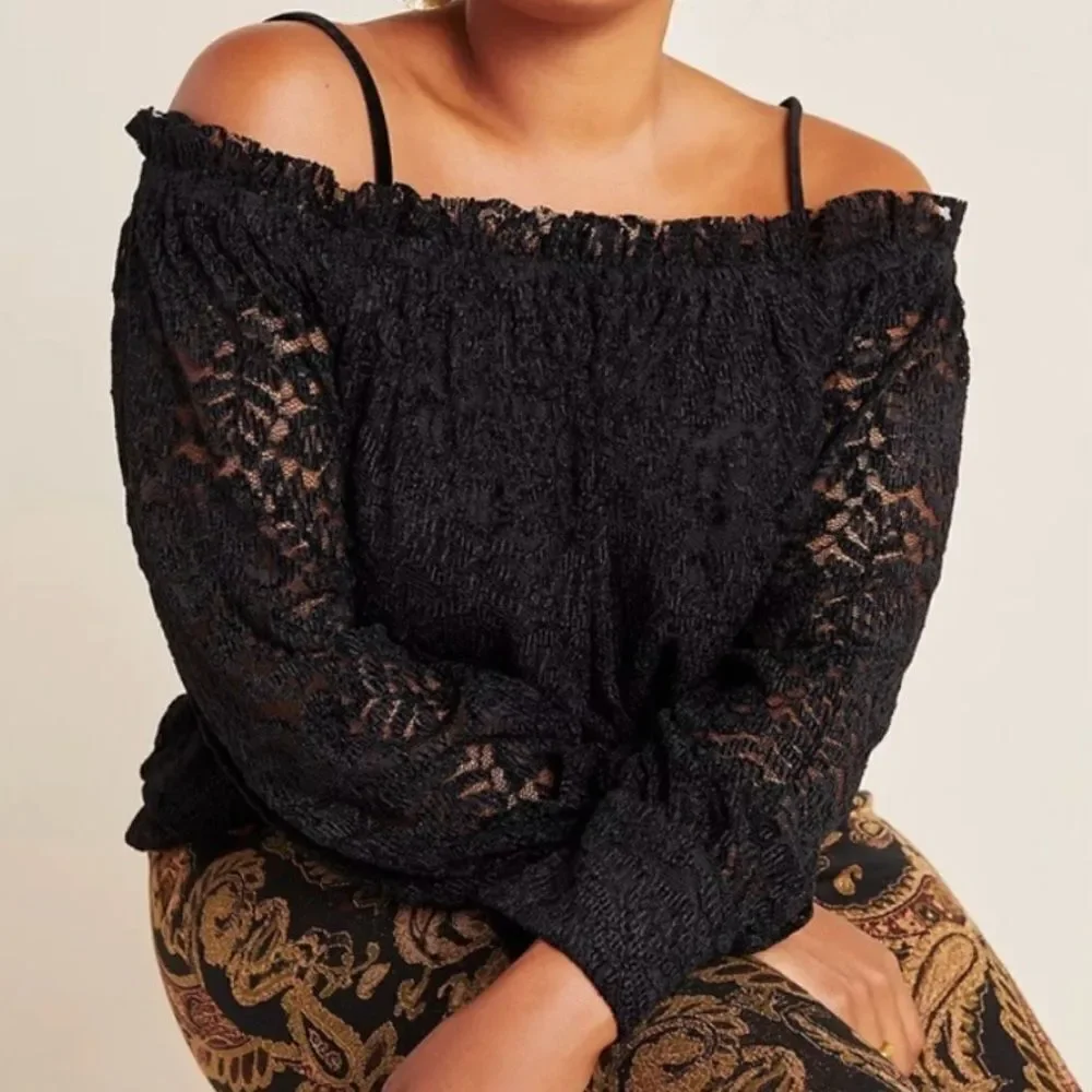 Anthropologie Eri + Ali Romana Lace Off The Shoulder Lined Top Blouse Black Sm